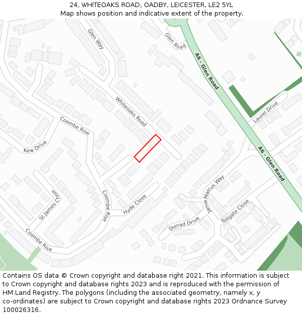 24, WHITEOAKS ROAD, OADBY, LEICESTER, LE2 5YL: Location map and indicative extent of plot