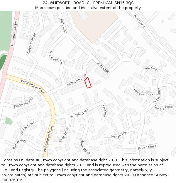 24, WHITWORTH ROAD, CHIPPENHAM, SN15 3QS: Location map and indicative extent of plot