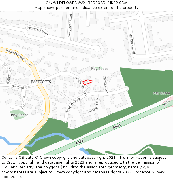 24, WILDFLOWER WAY, BEDFORD, MK42 0RW: Location map and indicative extent of plot