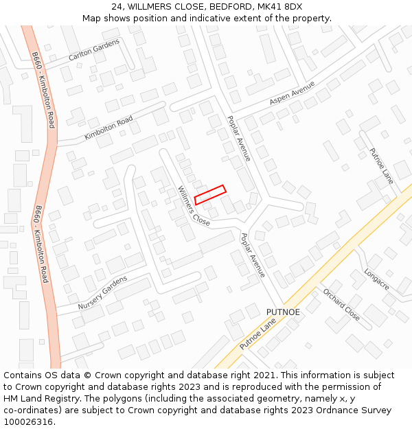 24, WILLMERS CLOSE, BEDFORD, MK41 8DX: Location map and indicative extent of plot