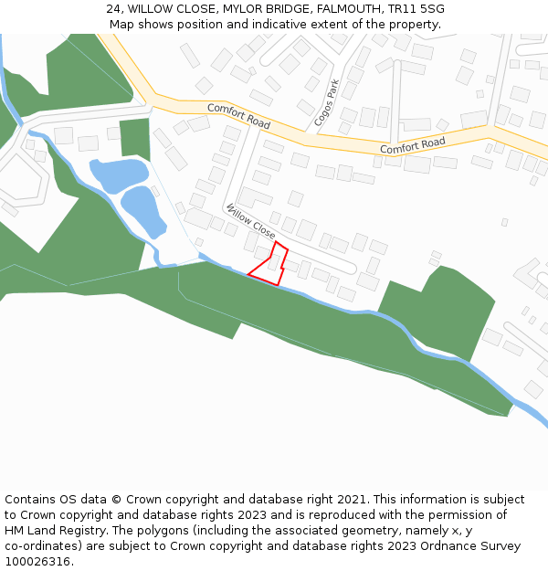 24, WILLOW CLOSE, MYLOR BRIDGE, FALMOUTH, TR11 5SG: Location map and indicative extent of plot