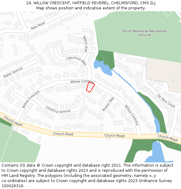 24, WILLOW CRESCENT, HATFIELD PEVEREL, CHELMSFORD, CM3 2LJ: Location map and indicative extent of plot