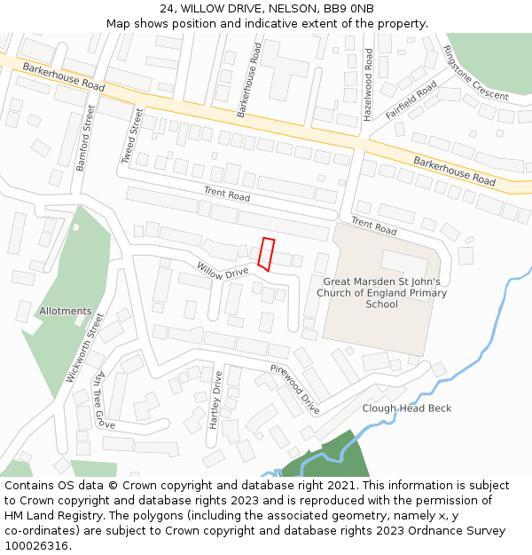 24, WILLOW DRIVE, NELSON, BB9 0NB: Location map and indicative extent of plot