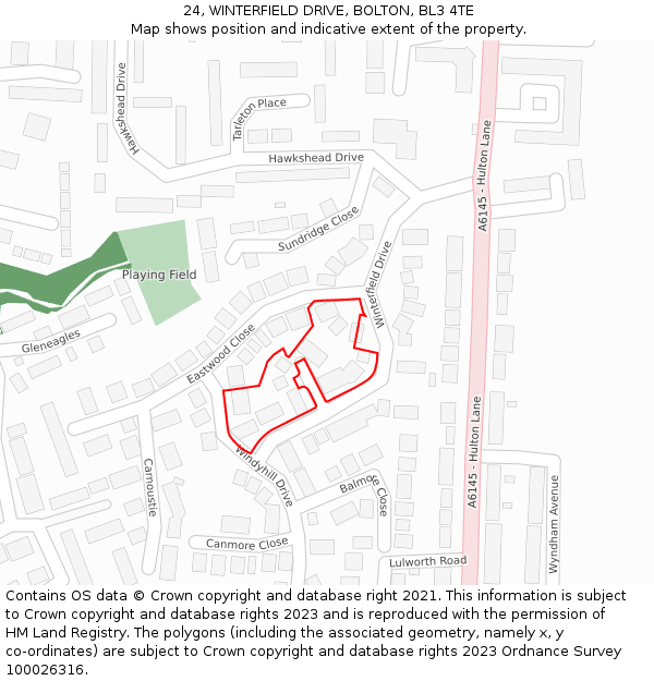 24, WINTERFIELD DRIVE, BOLTON, BL3 4TE: Location map and indicative extent of plot