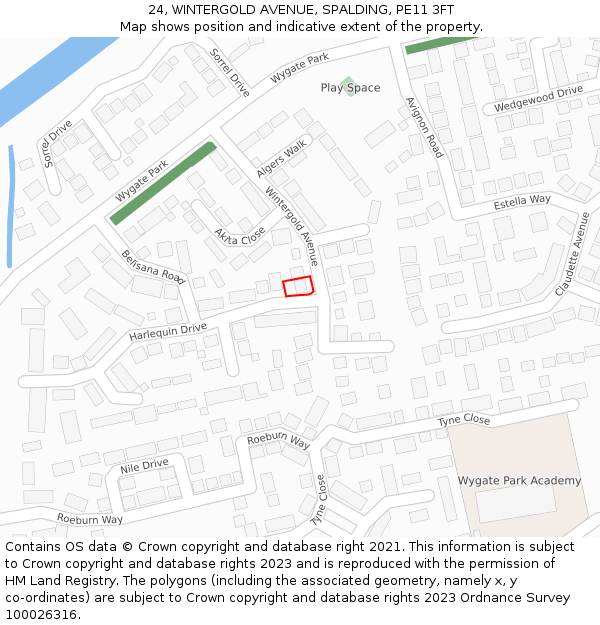 24, WINTERGOLD AVENUE, SPALDING, PE11 3FT: Location map and indicative extent of plot