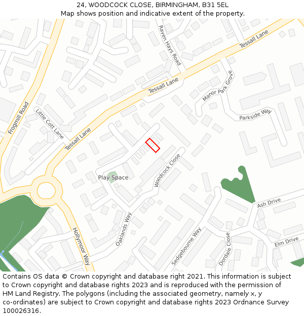 24, WOODCOCK CLOSE, BIRMINGHAM, B31 5EL: Location map and indicative extent of plot