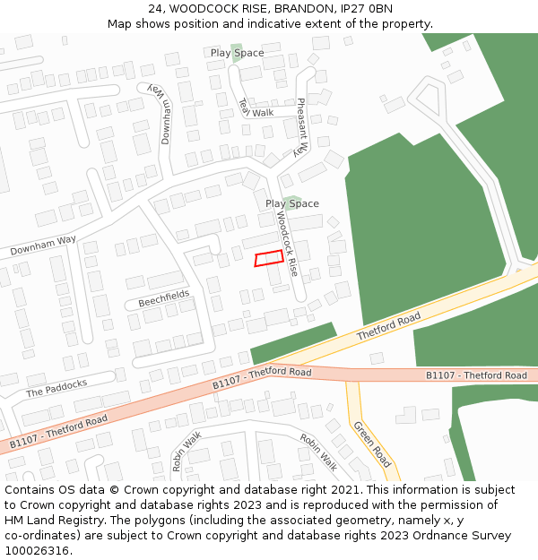 24, WOODCOCK RISE, BRANDON, IP27 0BN: Location map and indicative extent of plot
