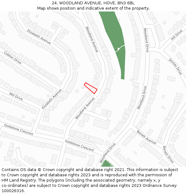24, WOODLAND AVENUE, HOVE, BN3 6BL: Location map and indicative extent of plot
