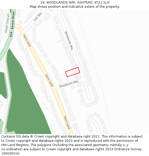 24, WOODLANDS WAY, ASHTEAD, KT21 1LH: Location map and indicative extent of plot