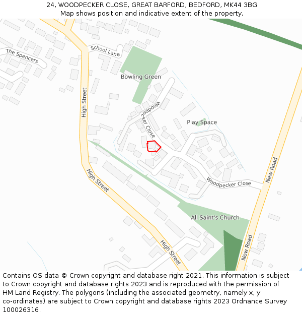 24, WOODPECKER CLOSE, GREAT BARFORD, BEDFORD, MK44 3BG: Location map and indicative extent of plot