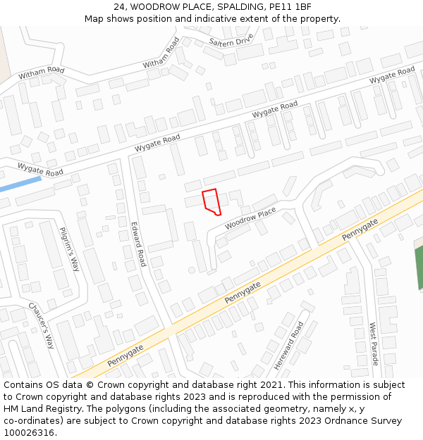 24, WOODROW PLACE, SPALDING, PE11 1BF: Location map and indicative extent of plot