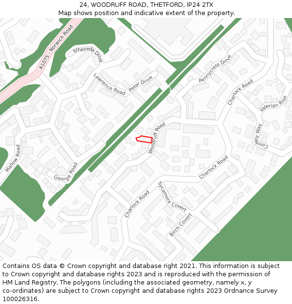 24, WOODRUFF ROAD, THETFORD, IP24 2TX: Location map and indicative extent of plot