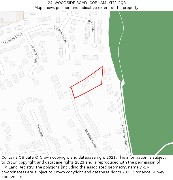 24, WOODSIDE ROAD, COBHAM, KT11 2QR: Location map and indicative extent of plot