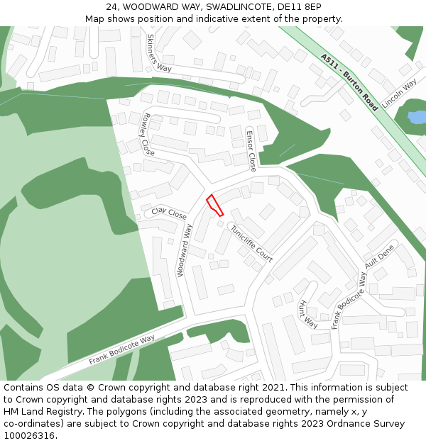 24, WOODWARD WAY, SWADLINCOTE, DE11 8EP: Location map and indicative extent of plot