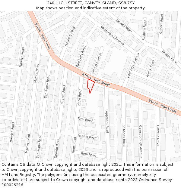 240, HIGH STREET, CANVEY ISLAND, SS8 7SY: Location map and indicative extent of plot