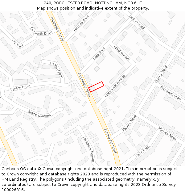240, PORCHESTER ROAD, NOTTINGHAM, NG3 6HE: Location map and indicative extent of plot
