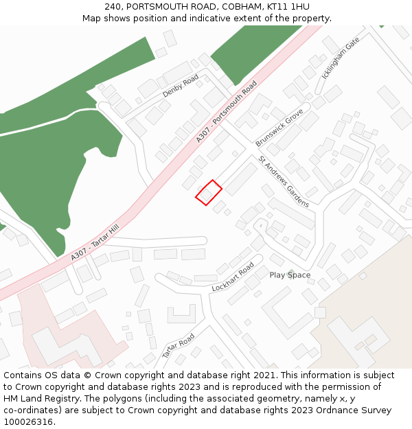 240, PORTSMOUTH ROAD, COBHAM, KT11 1HU: Location map and indicative extent of plot
