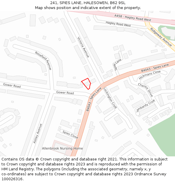 241, SPIES LANE, HALESOWEN, B62 9SL: Location map and indicative extent of plot
