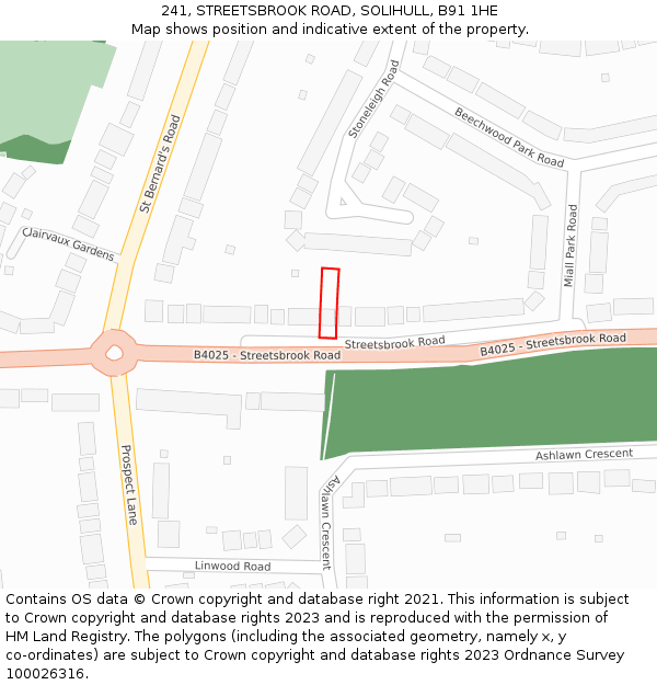 241, STREETSBROOK ROAD, SOLIHULL, B91 1HE: Location map and indicative extent of plot