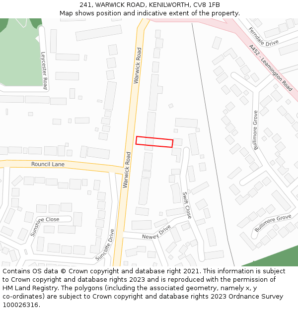 241, WARWICK ROAD, KENILWORTH, CV8 1FB: Location map and indicative extent of plot