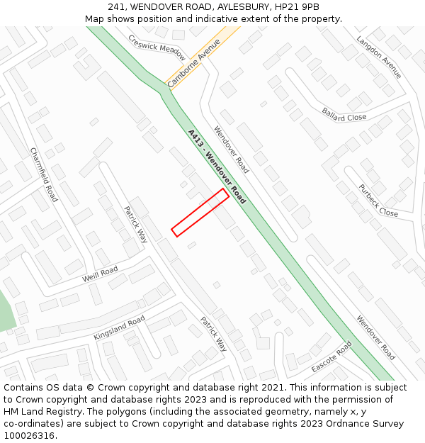 241, WENDOVER ROAD, AYLESBURY, HP21 9PB: Location map and indicative extent of plot