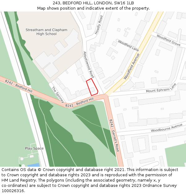 243, BEDFORD HILL, LONDON, SW16 1LB: Location map and indicative extent of plot