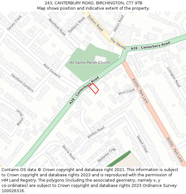 243, CANTERBURY ROAD, BIRCHINGTON, CT7 9TB: Location map and indicative extent of plot