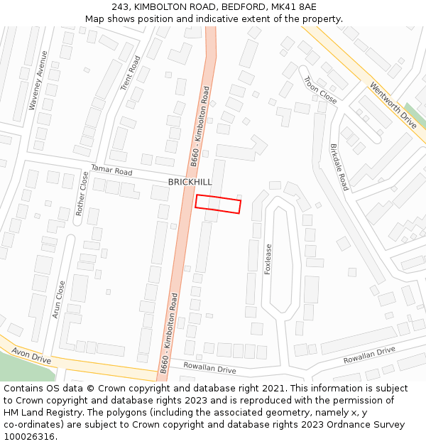 243, KIMBOLTON ROAD, BEDFORD, MK41 8AE: Location map and indicative extent of plot