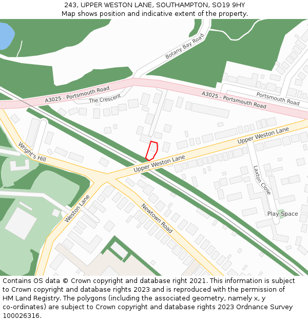 243, UPPER WESTON LANE, SOUTHAMPTON, SO19 9HY: Location map and indicative extent of plot