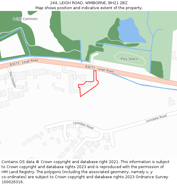 244, LEIGH ROAD, WIMBORNE, BH21 2BZ: Location map and indicative extent of plot
