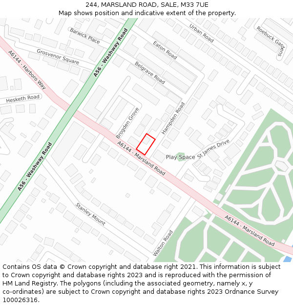 244, MARSLAND ROAD, SALE, M33 7UE: Location map and indicative extent of plot