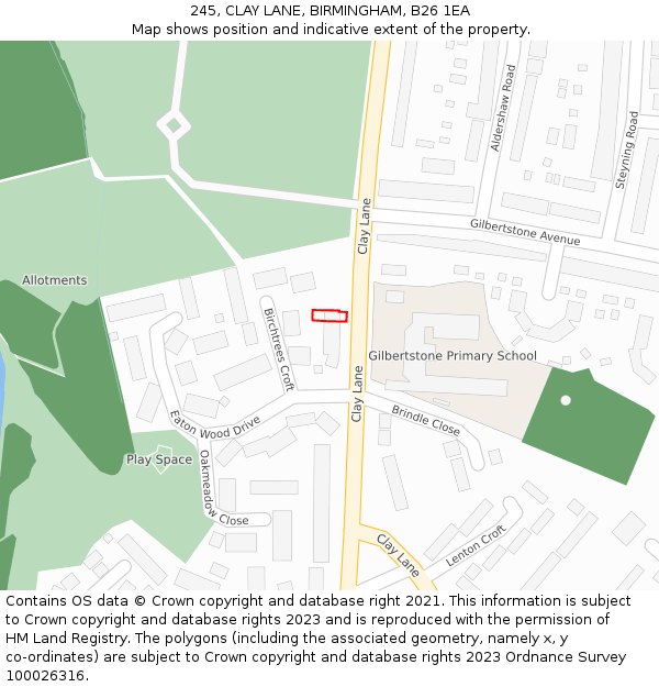 245, CLAY LANE, BIRMINGHAM, B26 1EA: Location map and indicative extent of plot