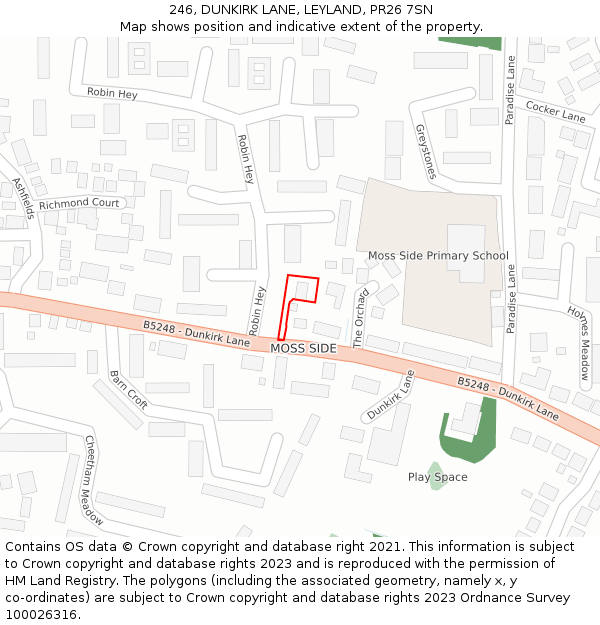 246, DUNKIRK LANE, LEYLAND, PR26 7SN: Location map and indicative extent of plot