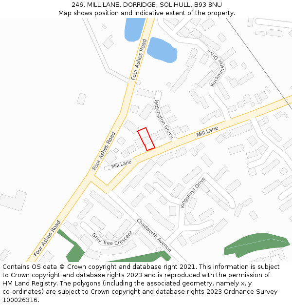 246, MILL LANE, DORRIDGE, SOLIHULL, B93 8NU: Location map and indicative extent of plot