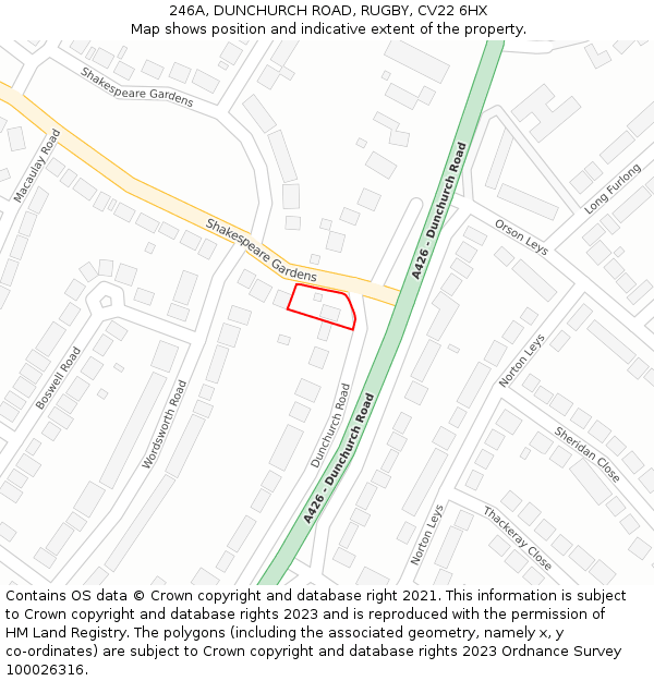 246A, DUNCHURCH ROAD, RUGBY, CV22 6HX: Location map and indicative extent of plot