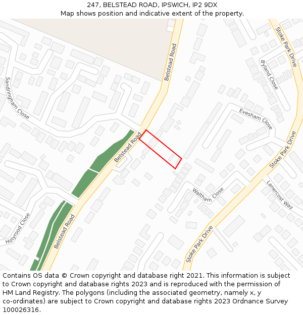 247, BELSTEAD ROAD, IPSWICH, IP2 9DX: Location map and indicative extent of plot