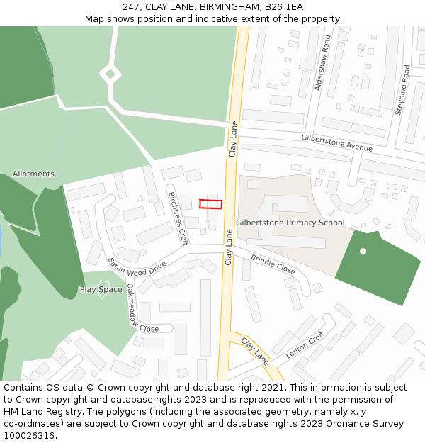 247, CLAY LANE, BIRMINGHAM, B26 1EA: Location map and indicative extent of plot