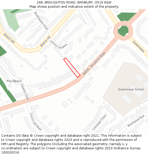 248, BROUGHTON ROAD, BANBURY, OX16 9QW: Location map and indicative extent of plot