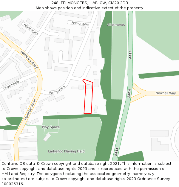 248, FELMONGERS, HARLOW, CM20 3DR: Location map and indicative extent of plot