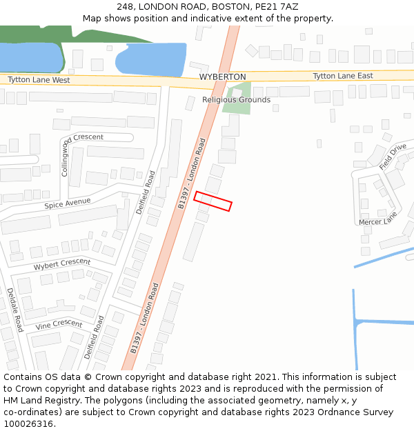 248, LONDON ROAD, BOSTON, PE21 7AZ: Location map and indicative extent of plot