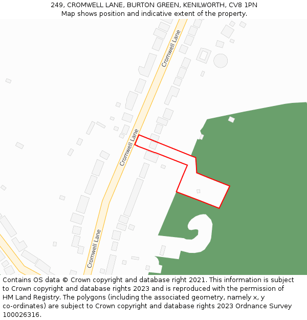 249, CROMWELL LANE, BURTON GREEN, KENILWORTH, CV8 1PN: Location map and indicative extent of plot