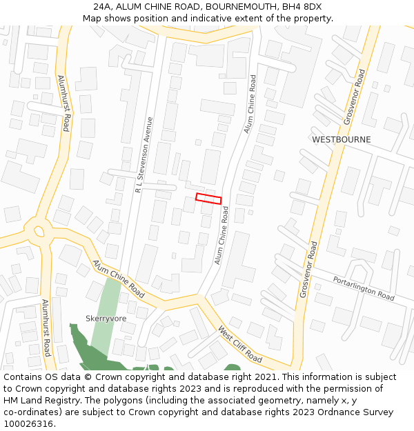 24A, ALUM CHINE ROAD, BOURNEMOUTH, BH4 8DX: Location map and indicative extent of plot
