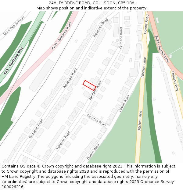 24A, FAIRDENE ROAD, COULSDON, CR5 1RA: Location map and indicative extent of plot