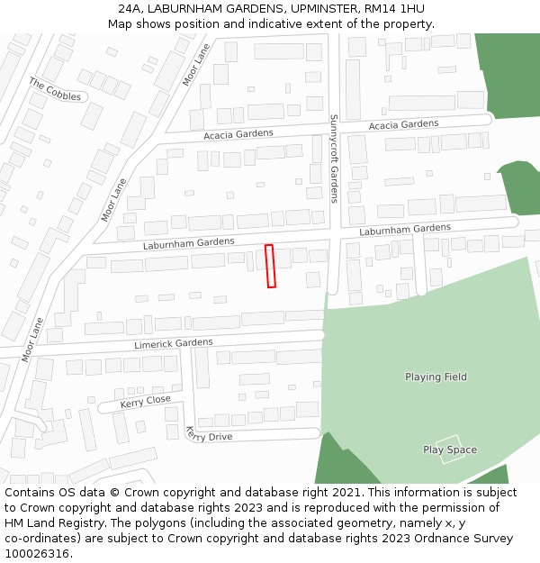 24A, LABURNHAM GARDENS, UPMINSTER, RM14 1HU: Location map and indicative extent of plot