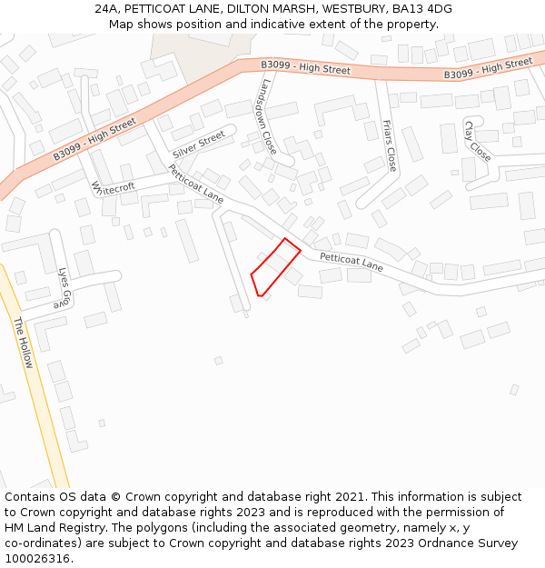 24A, PETTICOAT LANE, DILTON MARSH, WESTBURY, BA13 4DG: Location map and indicative extent of plot