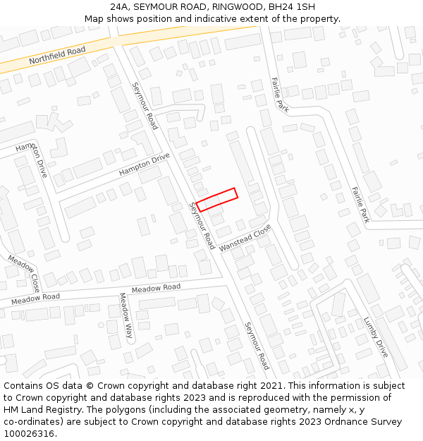 24A, SEYMOUR ROAD, RINGWOOD, BH24 1SH: Location map and indicative extent of plot