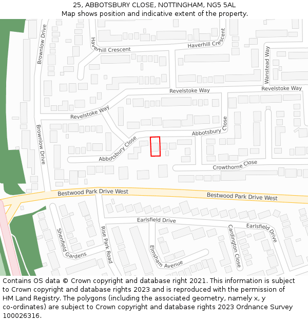 25, ABBOTSBURY CLOSE, NOTTINGHAM, NG5 5AL: Location map and indicative extent of plot