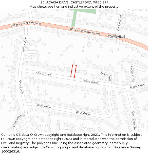 25, ACACIA DRIVE, CASTLEFORD, WF10 3PF: Location map and indicative extent of plot