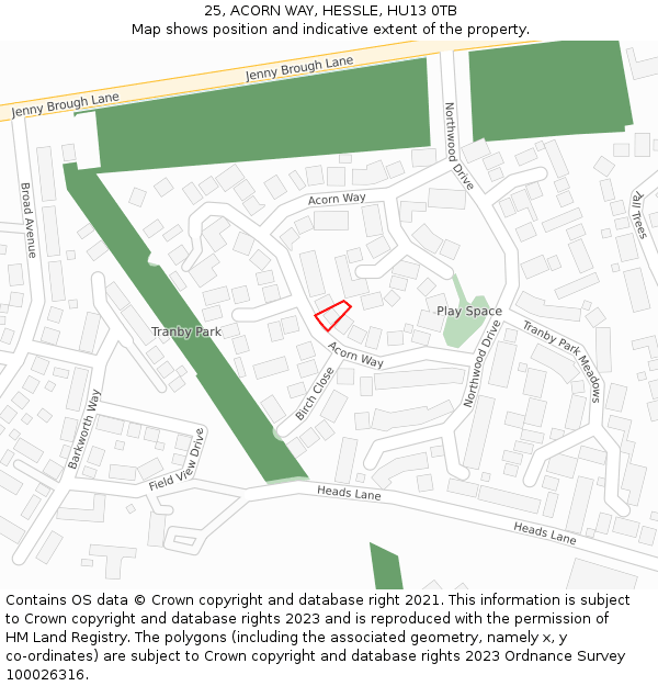 25, ACORN WAY, HESSLE, HU13 0TB: Location map and indicative extent of plot