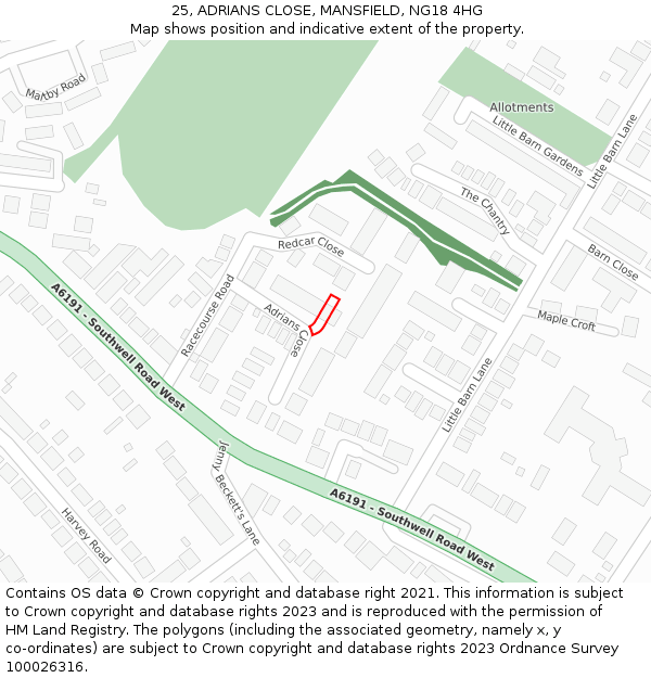 25, ADRIANS CLOSE, MANSFIELD, NG18 4HG: Location map and indicative extent of plot